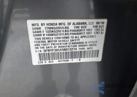 2009 Honda Pilot Ex-L from USA, damaged, VIN 5FNYF385X9B013274